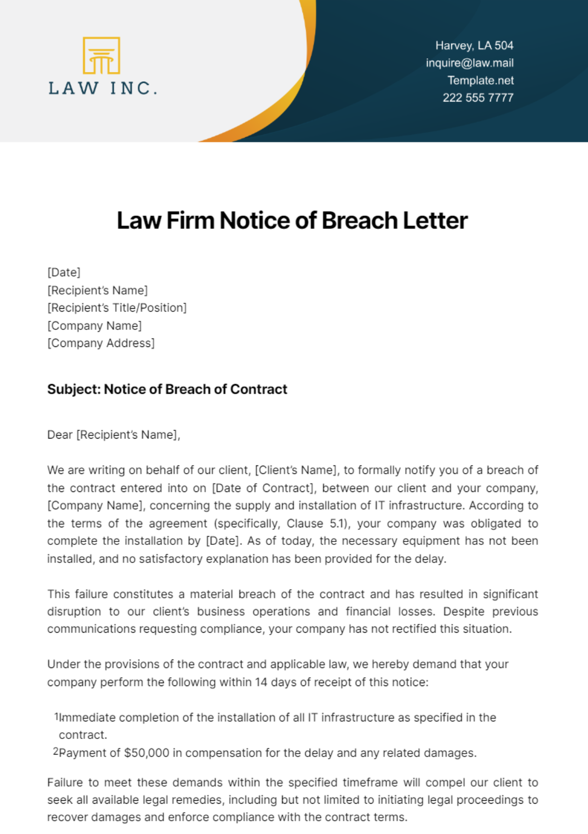 Law Firm Notice of Breach Letter Template