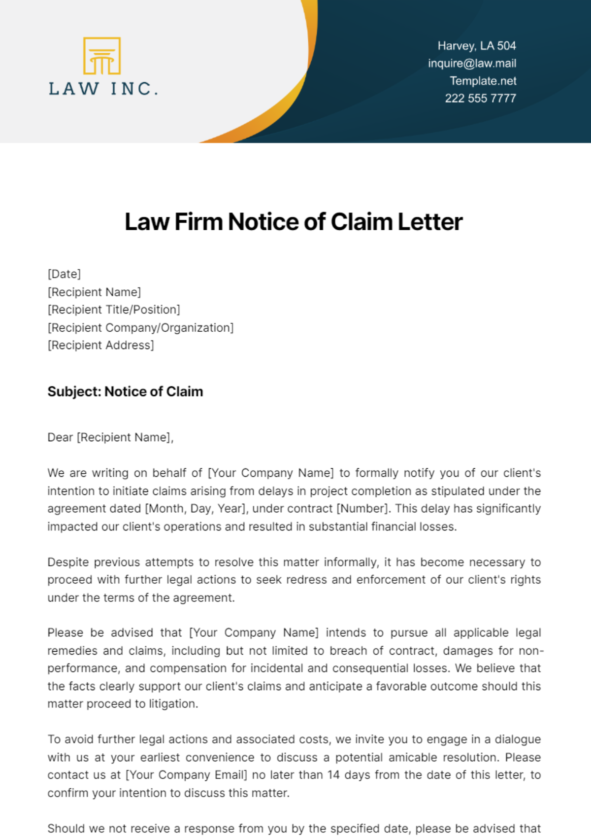 Law Firm Notice of Claim Letter Template