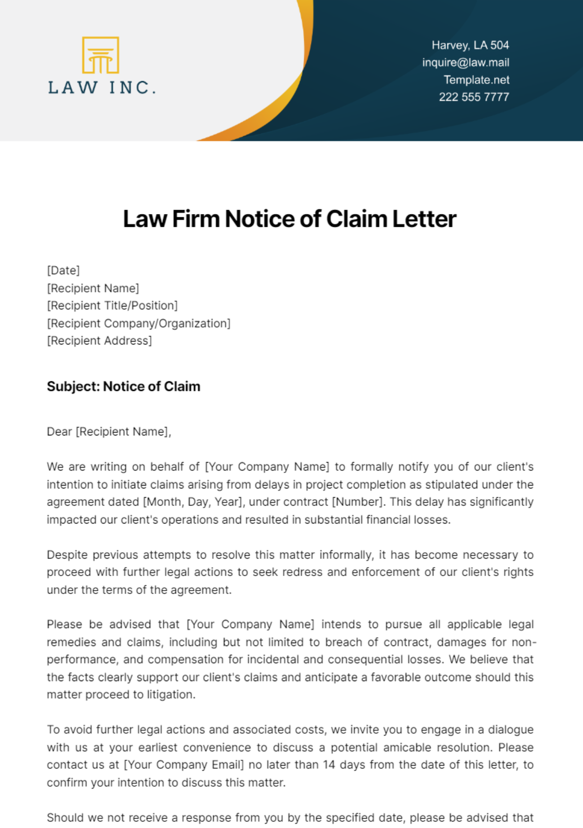 Law Firm Notice of Claim Letter Template - Edit Online & Download