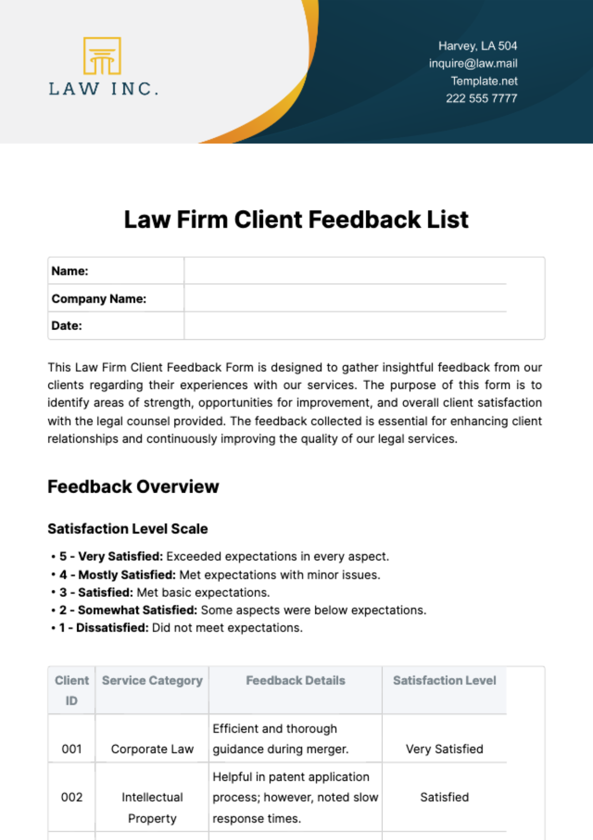 Law Firm Client Feedback List Template