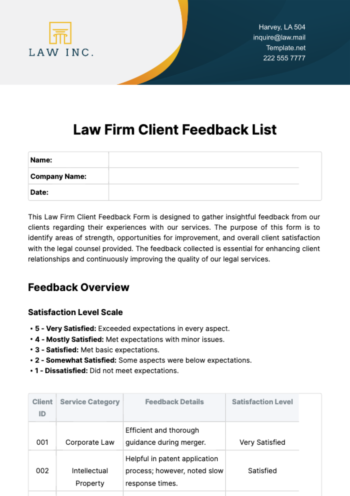 Law Firm Client Feedback List Template - Edit Online & Download