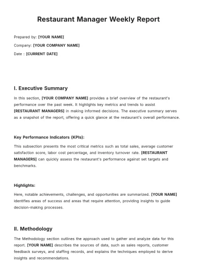 Free Restaurant Manager Weekly Report Template to Edit Online