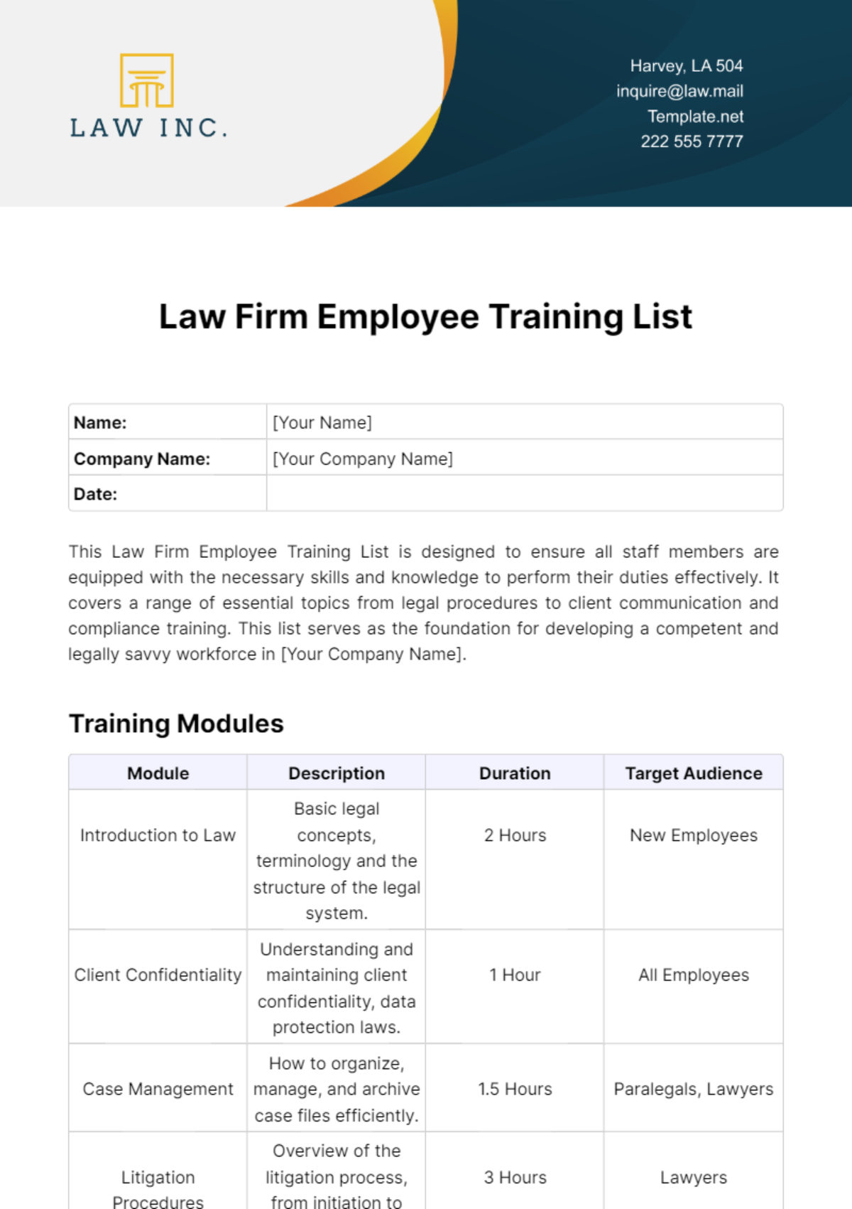 Law Firm Employee Training List Template