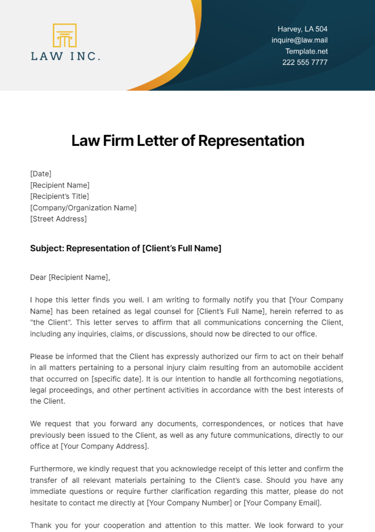 Law Firm Letter of Representation Template