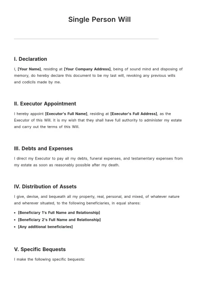Free Single Person Will Template to Edit Online