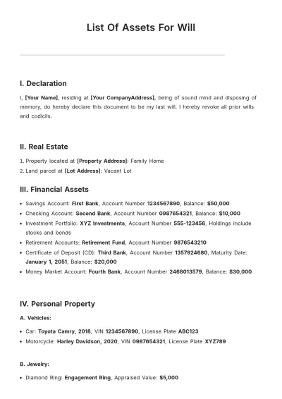 Free List Of Assets For Will Template to Edit Online
