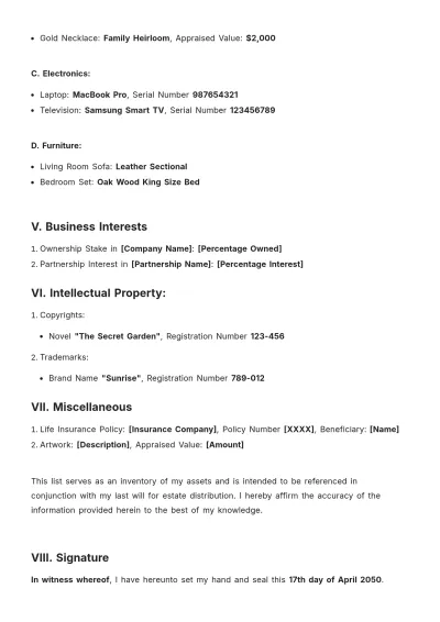 Free List Of Assets For Will Template to Edit Online