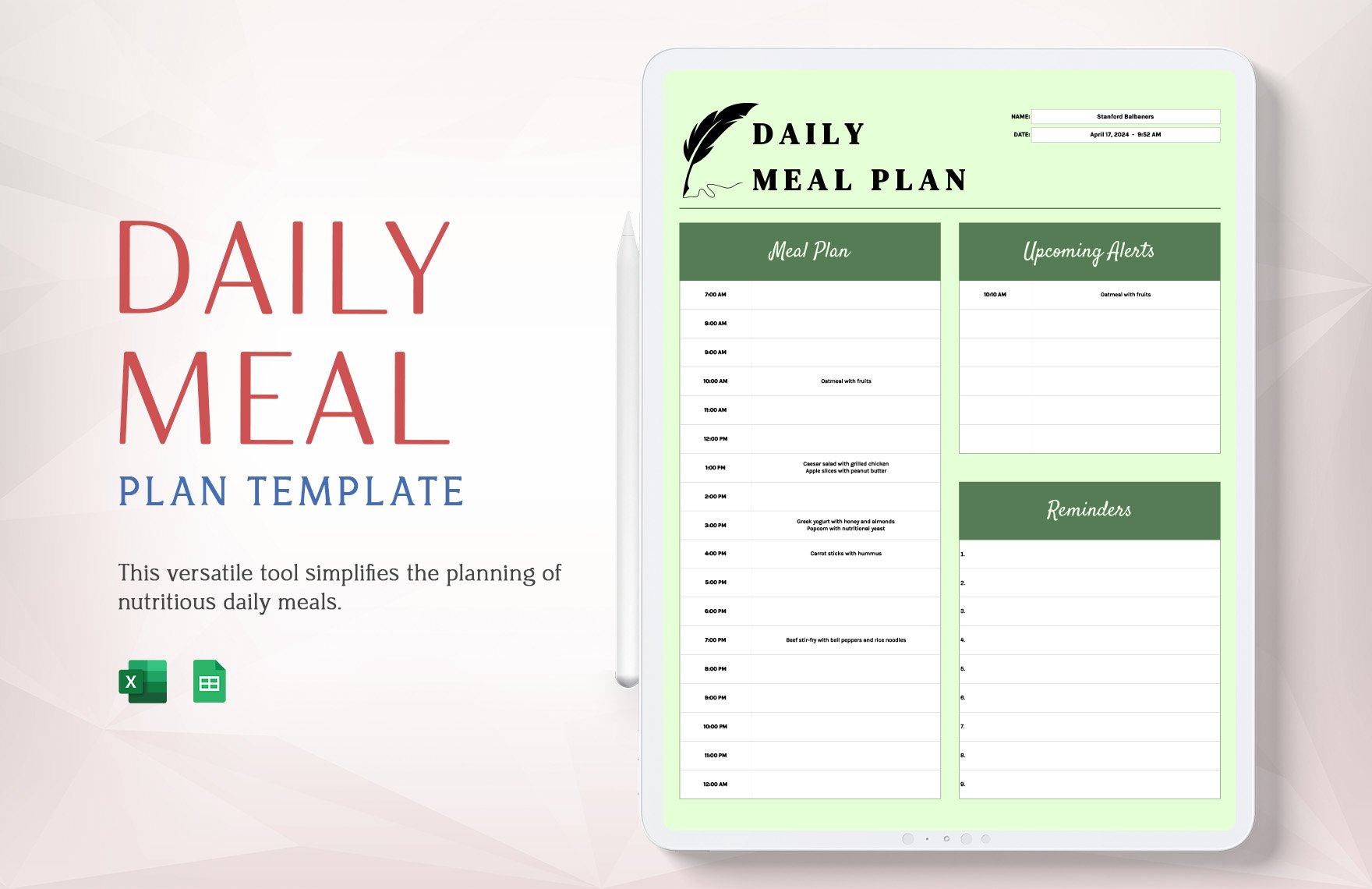 Daily Meal Plan Template in Excel, Google Sheets