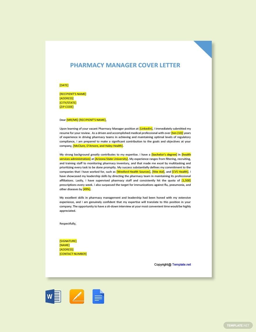Pharmacy Manager Cover Letter