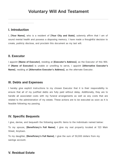 Free Voluntary Will And Testament Template to Edit Online