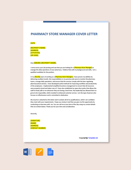 Free Pharmacy Store Manager Cover Letter Template - Google Docs, Word ...