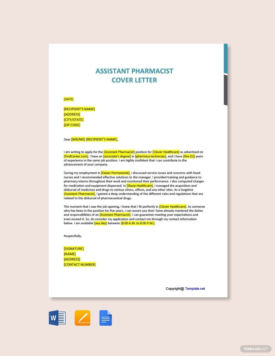 Assistant Pharmacist Cover Letter