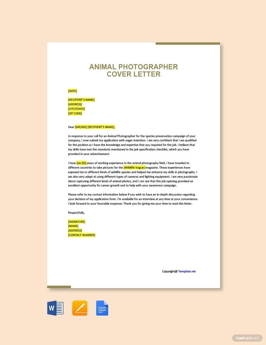 Animal Photographer Cover Letter