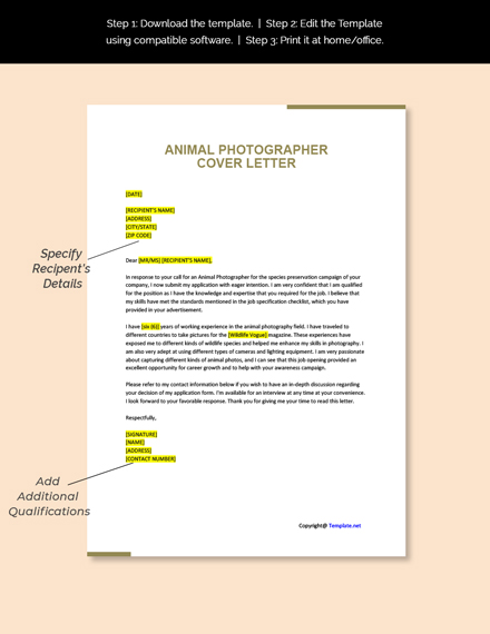 Free Animal Photographer Cover Letter Template