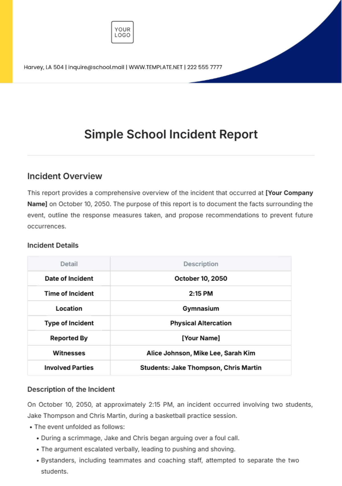 Simple School Incident Report Template - Edit Online & Download