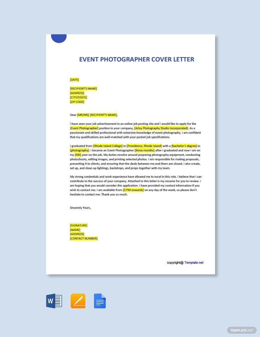 Event Photographer Cover Letter Template