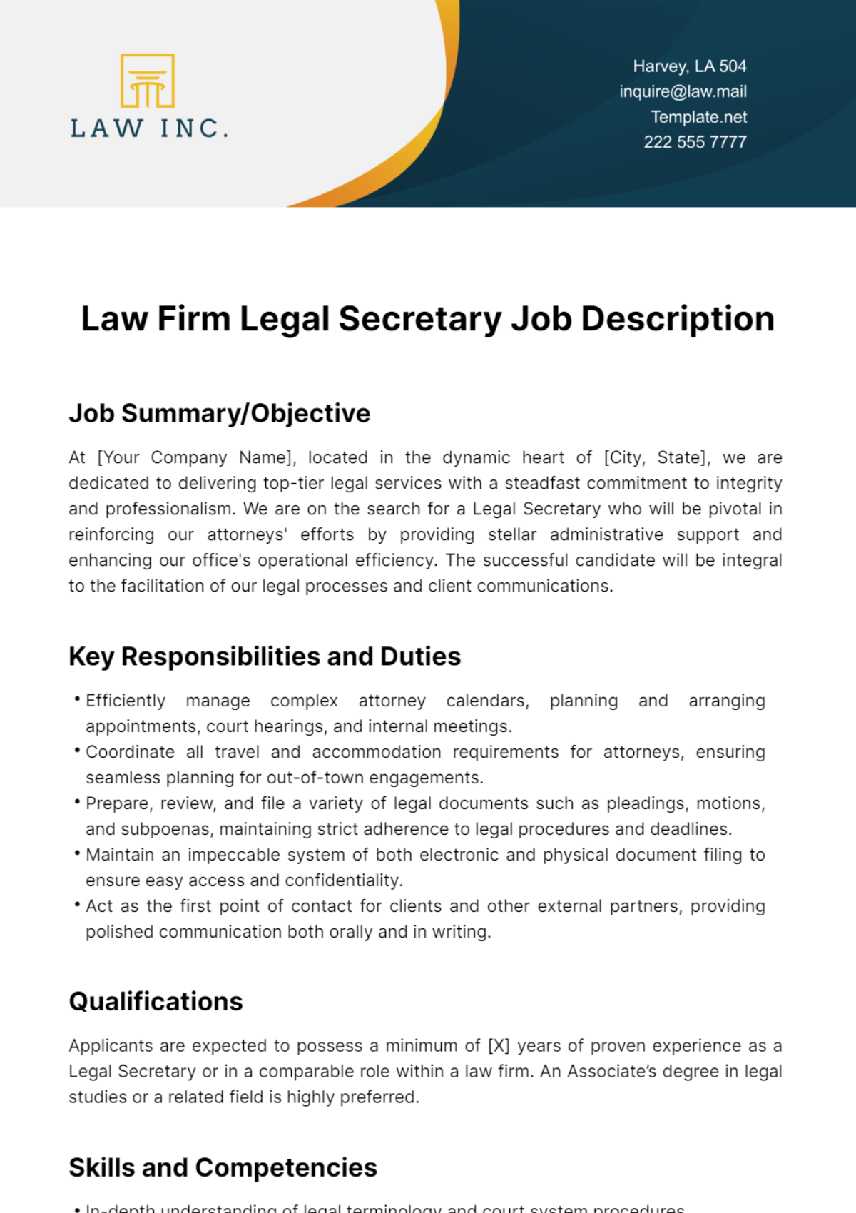 Free Law Firm Legal Secretary Job Description Template