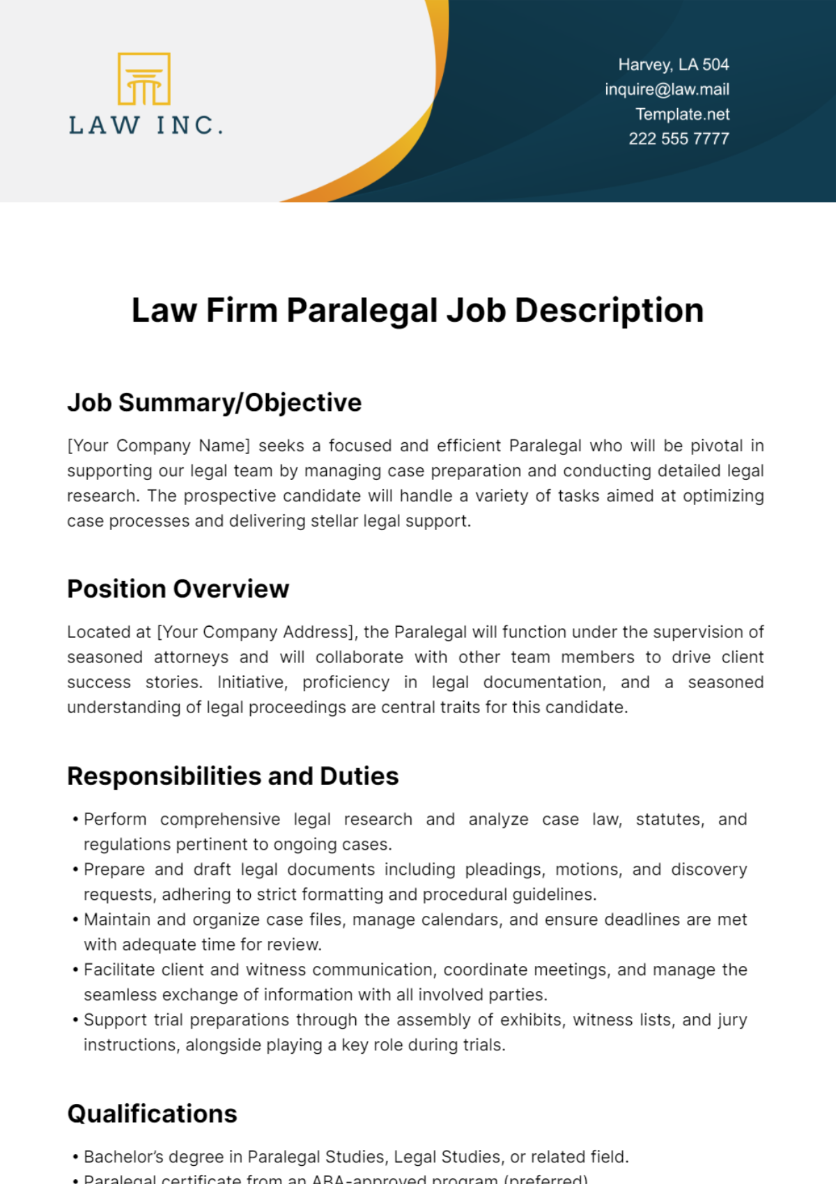Law Firm Paralegal Job Description Template