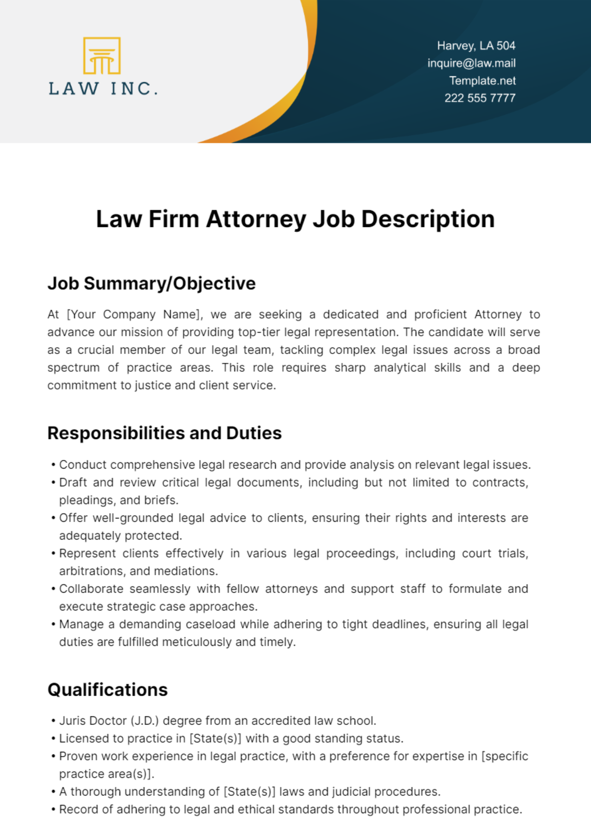 Law Firm Attorney Job Description Template - Edit Online & Download