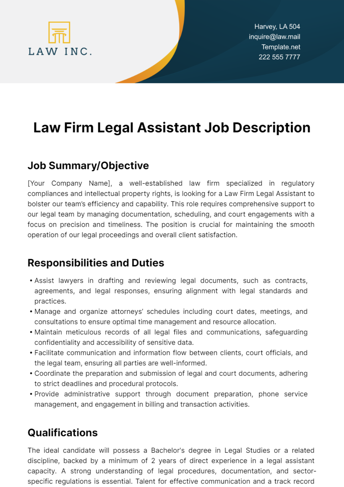 Free Law Firm Legal Assistant Job Description Template