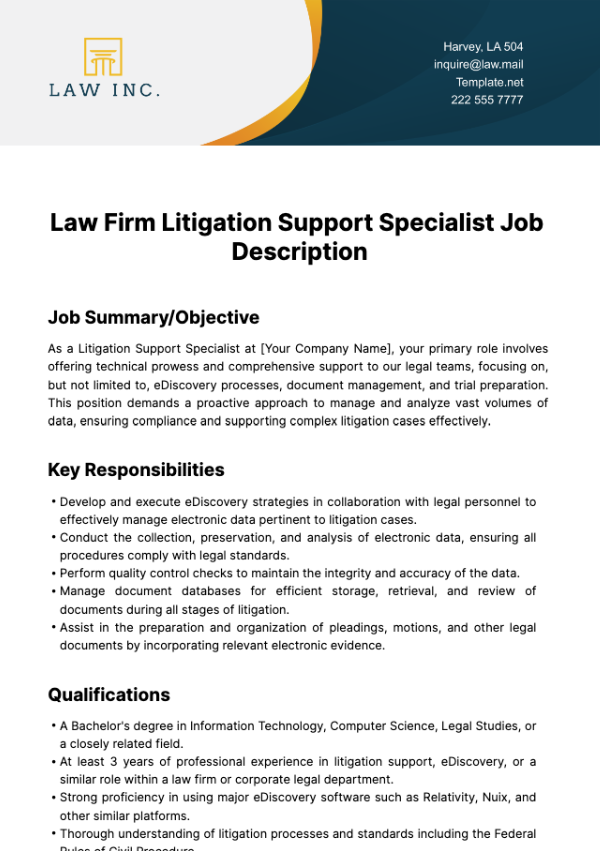 Free Law Firm Litigation Support Specialist Job Description Template