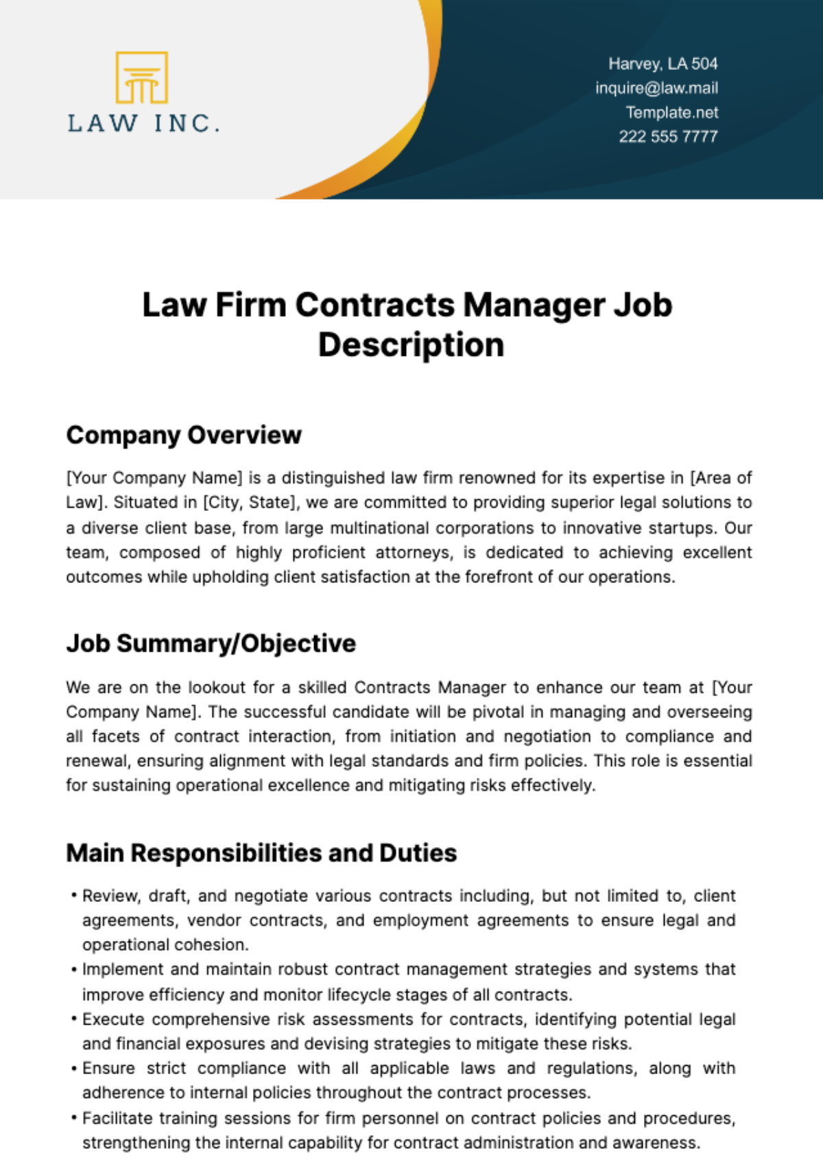 Free Law Firm Contracts Manager Job Description Template