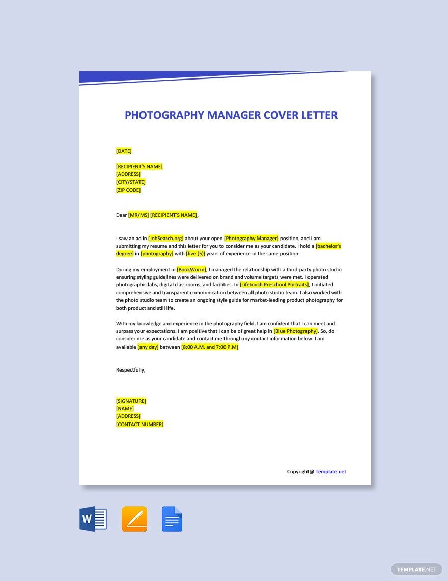 Photography Manager Cover Letter