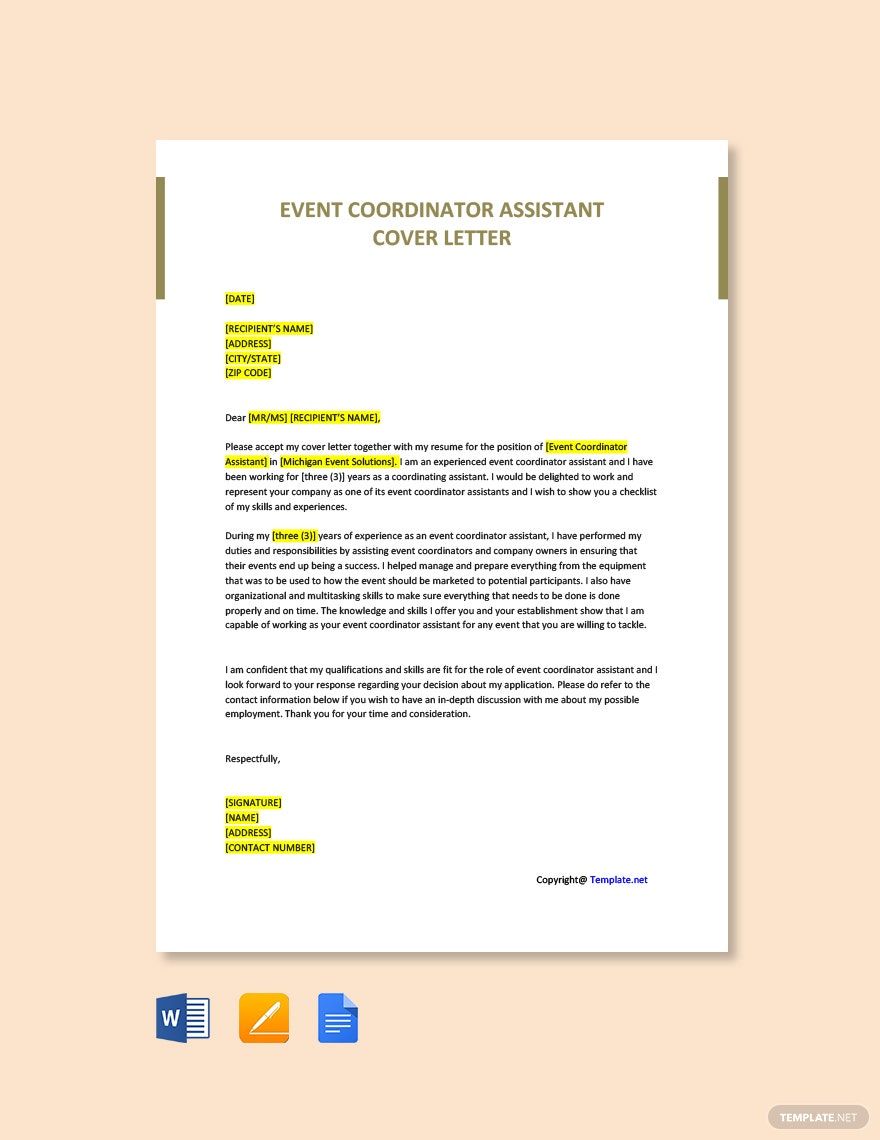 Event Coordinator Assistant Cover Letter in Google Docs, Word, Pages, PDF - Download | Template.net