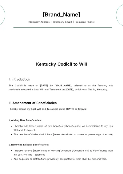 Free Kentucky Codicil to Will Template to Edit Online