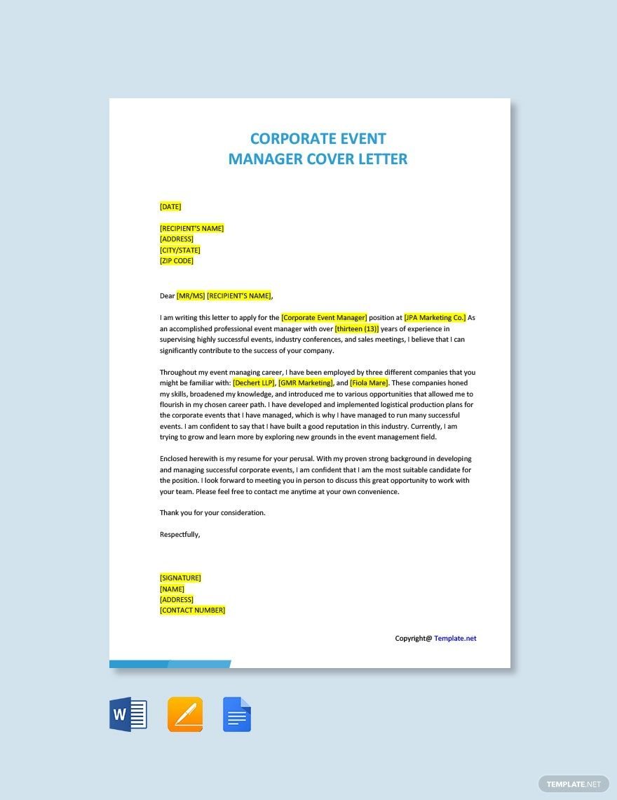 Corporate Event Manager Cover Letter Template