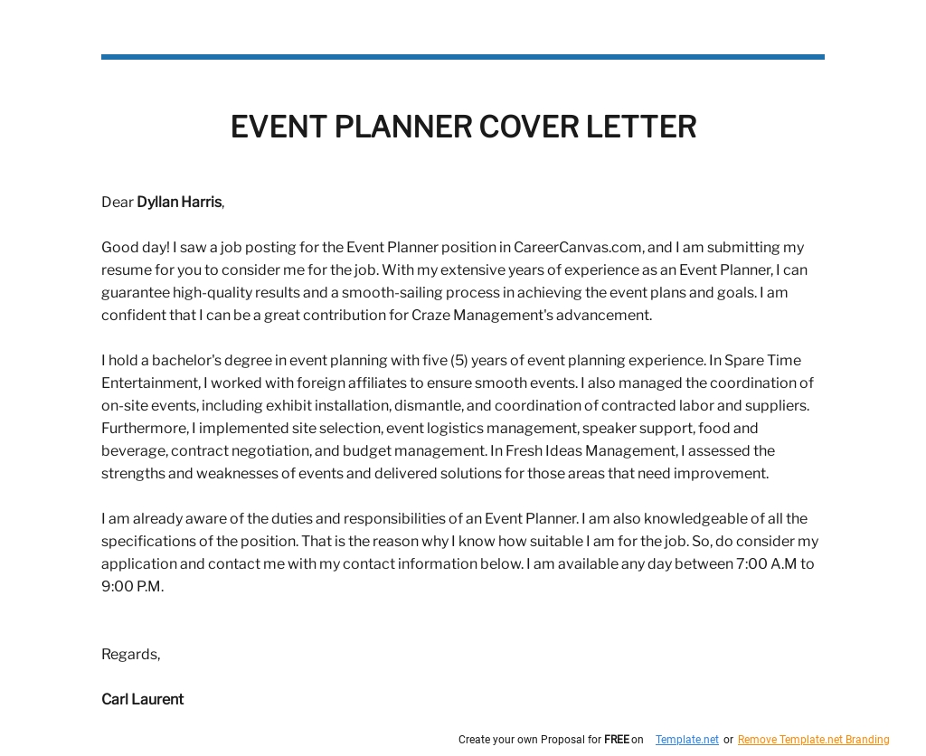 Free Events Assistant Cover Letter Template Google Docs Word   Free Events Planner Cover Letter Template 