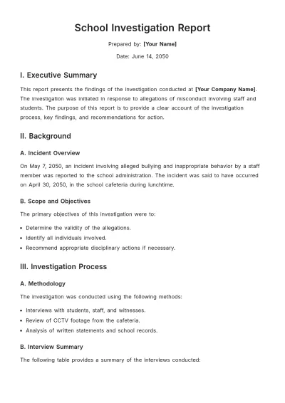 Free School Investigation Report Template to Edit Online