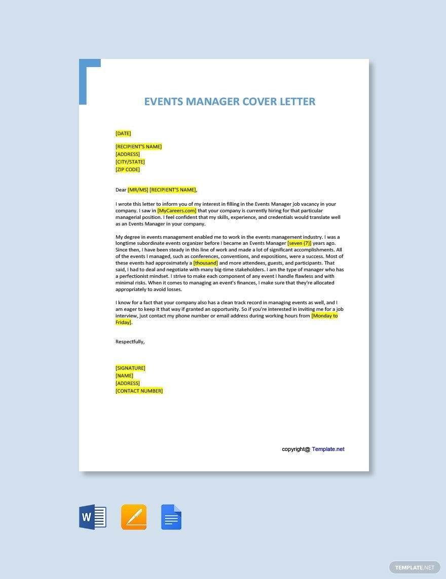 Events Manager Cover Letter in Word, Google Docs, PDF, Apple Pages