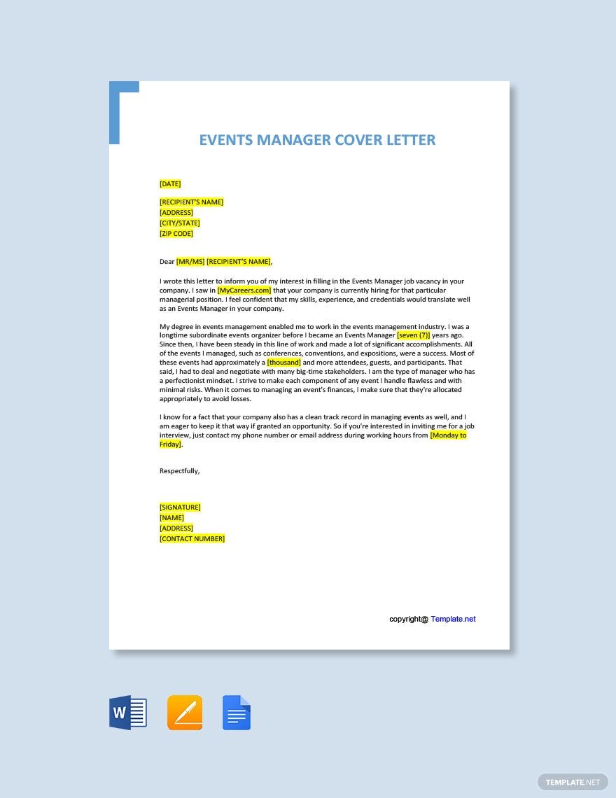 Events Manager Cover Letter In Google Docs Word Pages PDF Download