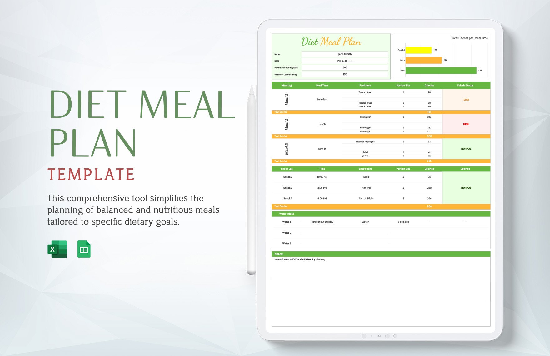 Diet Meal Plan Template in Excel, Google Sheets