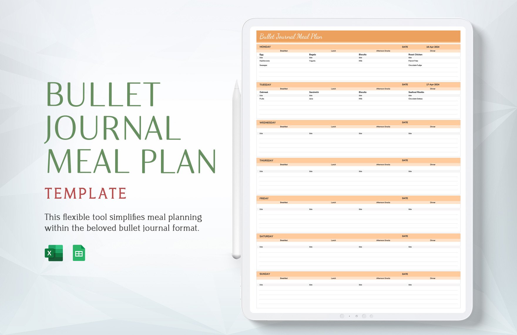 Bullet Journal Meal Plan Template in Excel, Google Sheets