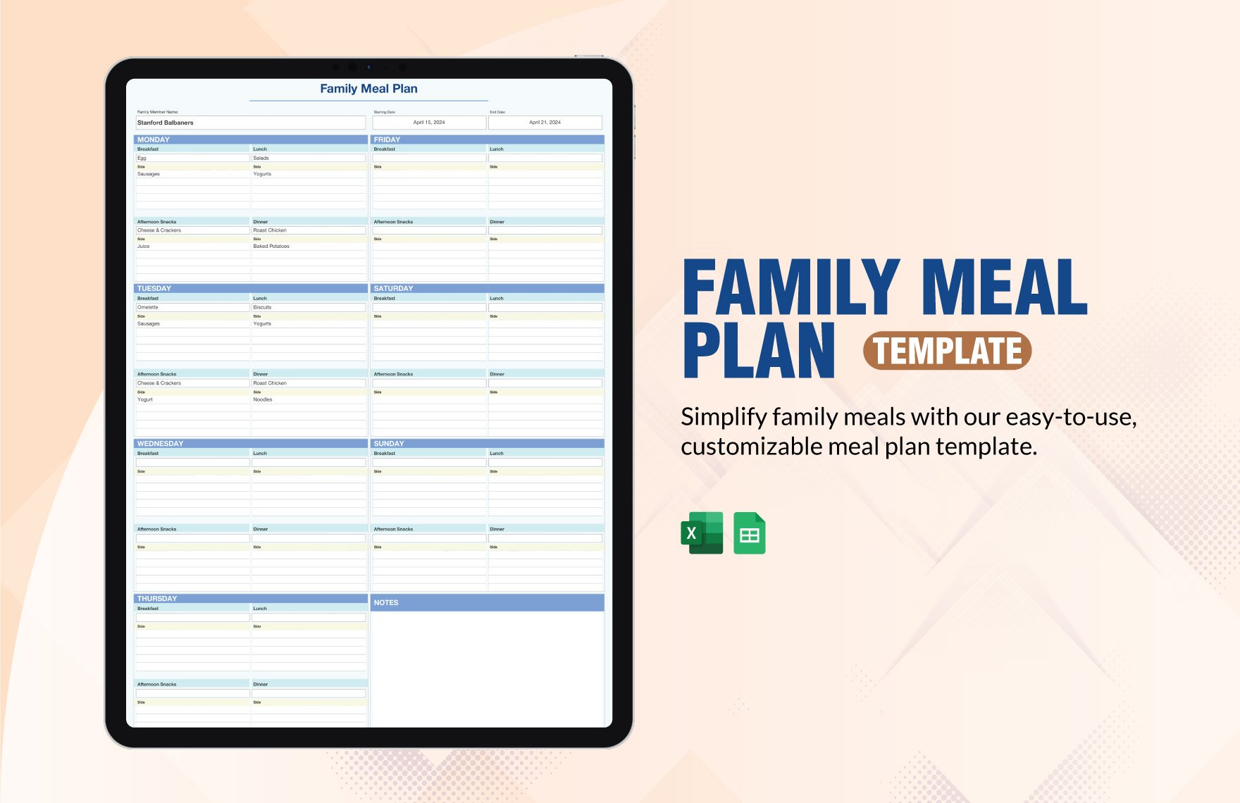 Family Meal Plan Template in Excel, Google Sheets