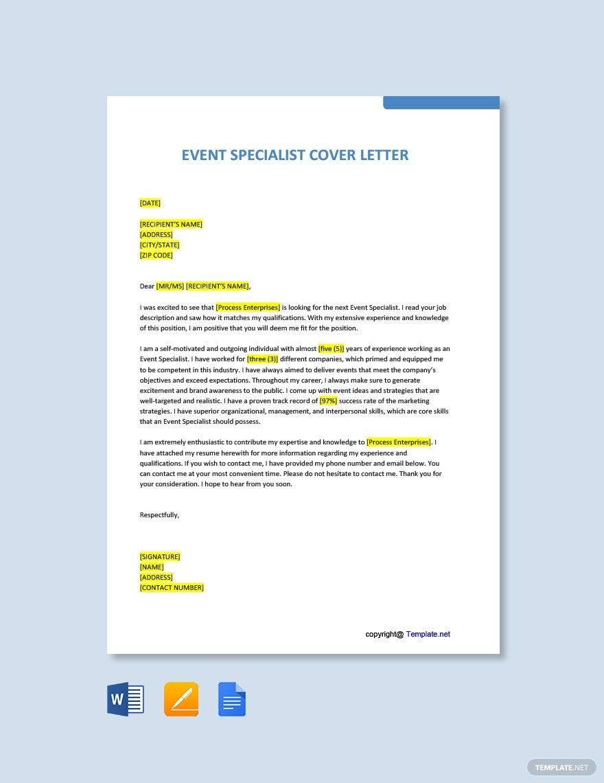 Event Specialist Cover Letter in Word, Google Docs, PDF, Apple Pages
