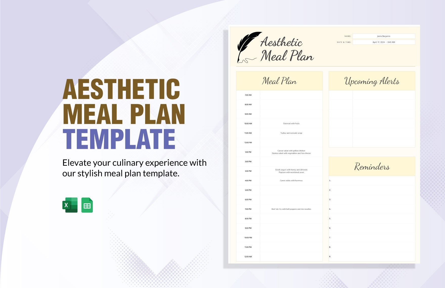 Aesthetic Meal Plan Template in Excel, Google Sheets
