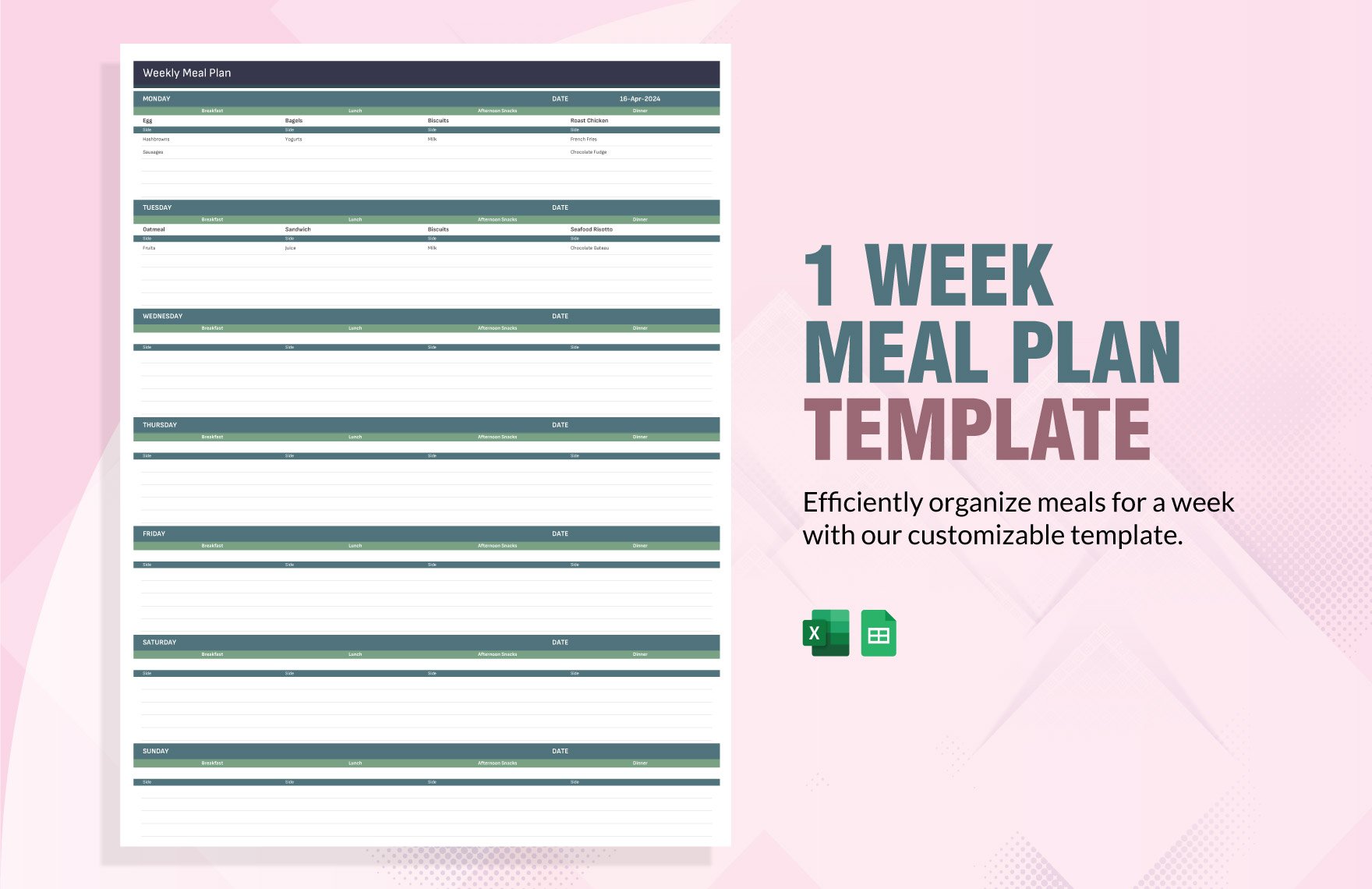 1 Week Meal Plan Template in Excel, Google Sheets