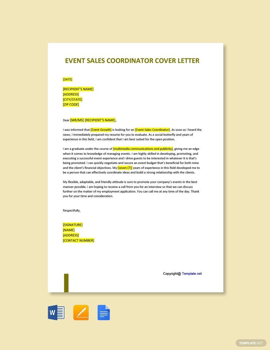 Event Sales Coordinator Cover Letter Template