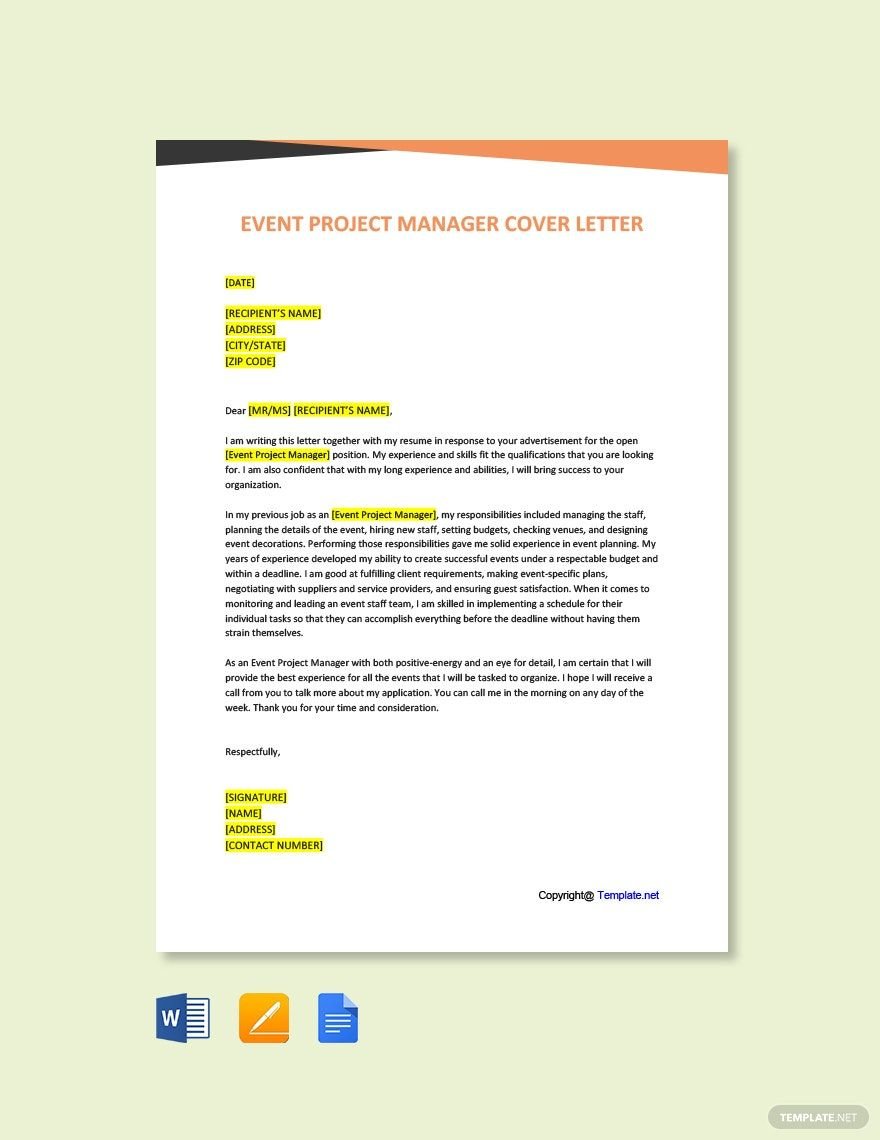 Event Project Manager Cover Letter Template