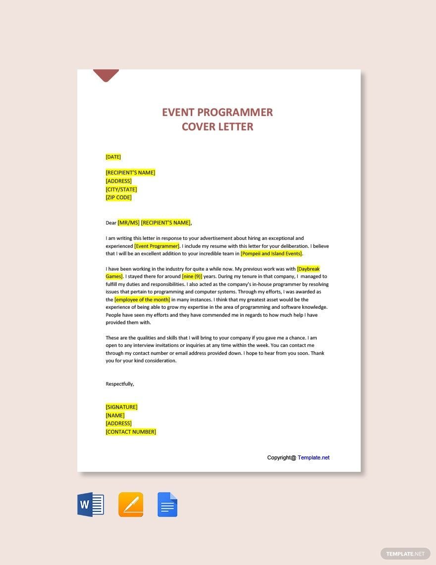 Free Event Programmer Cover Letter in Word, Google Docs, PDF, Apple Pages