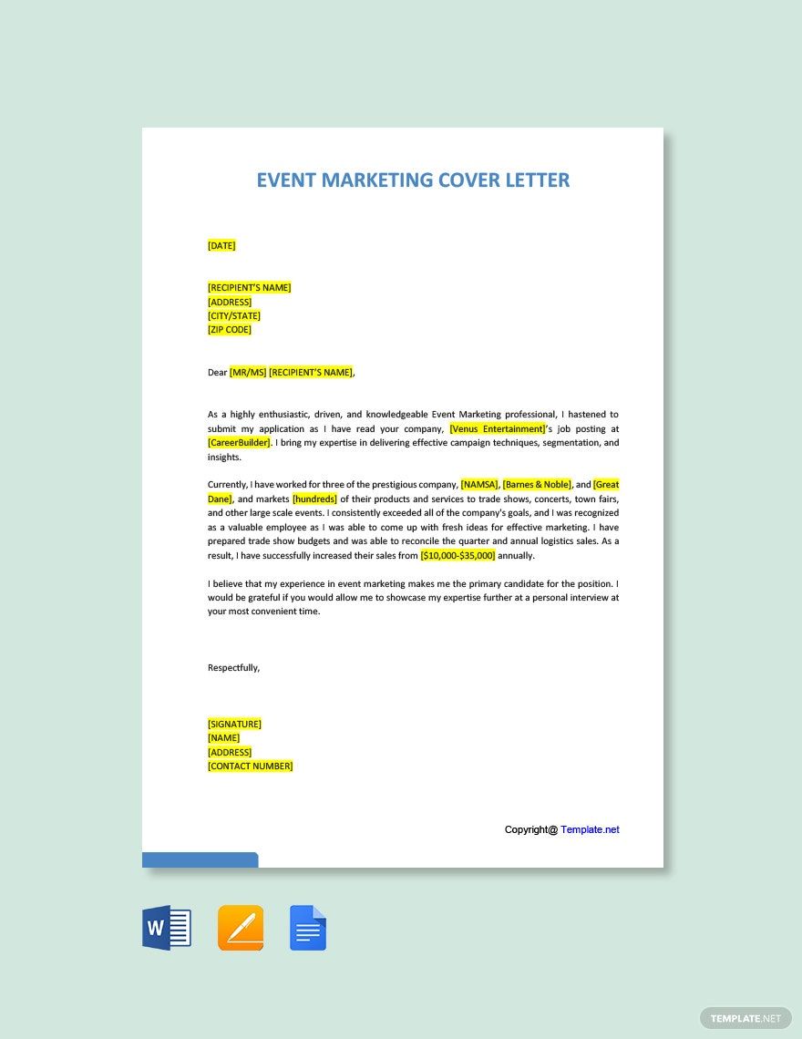 Event Marketing Cover Letter in Word, Google Docs, PDF, Apple Pages