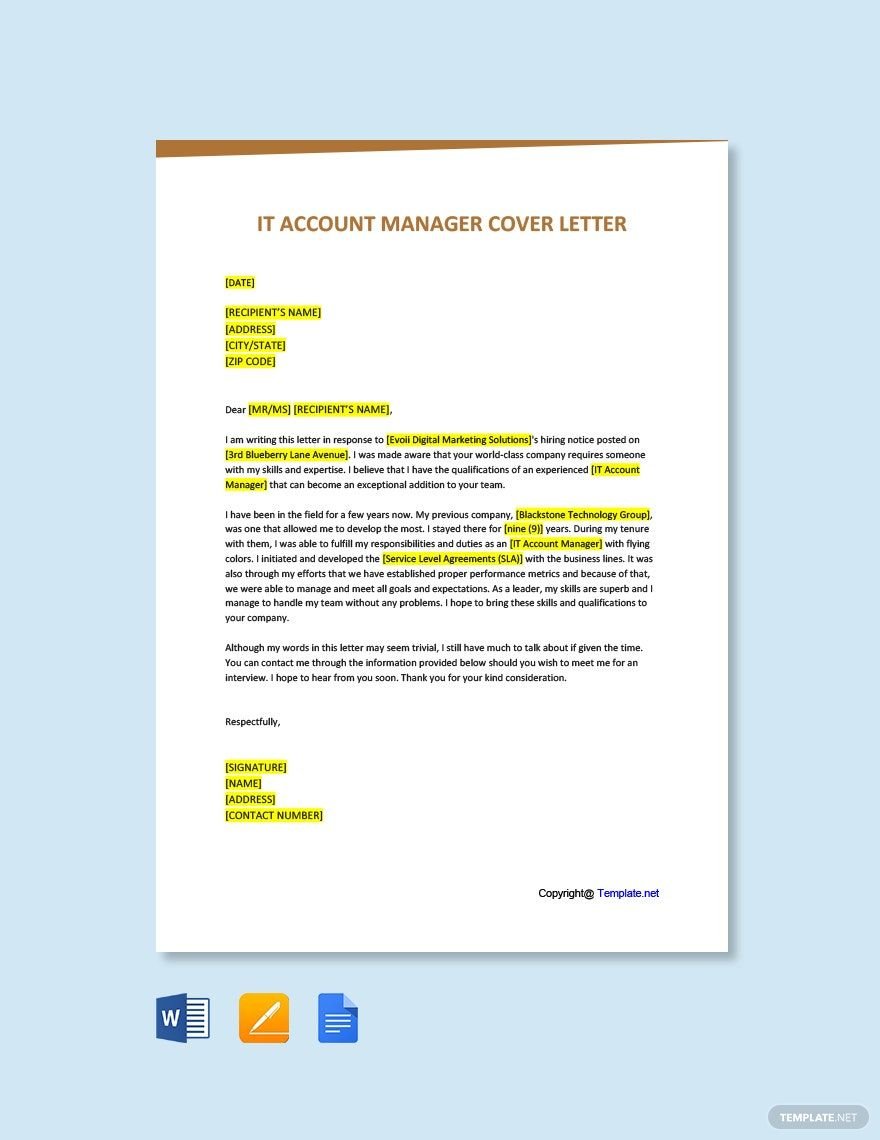 IT Account Manager Cover Letter in Word, Google Docs, PDF, Apple Pages