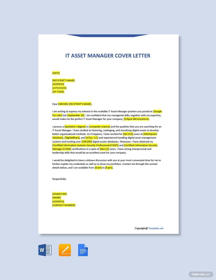 IT Asset Manager Cover Letter