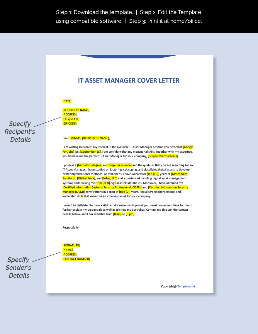 IT Asset Manager Cover Letter