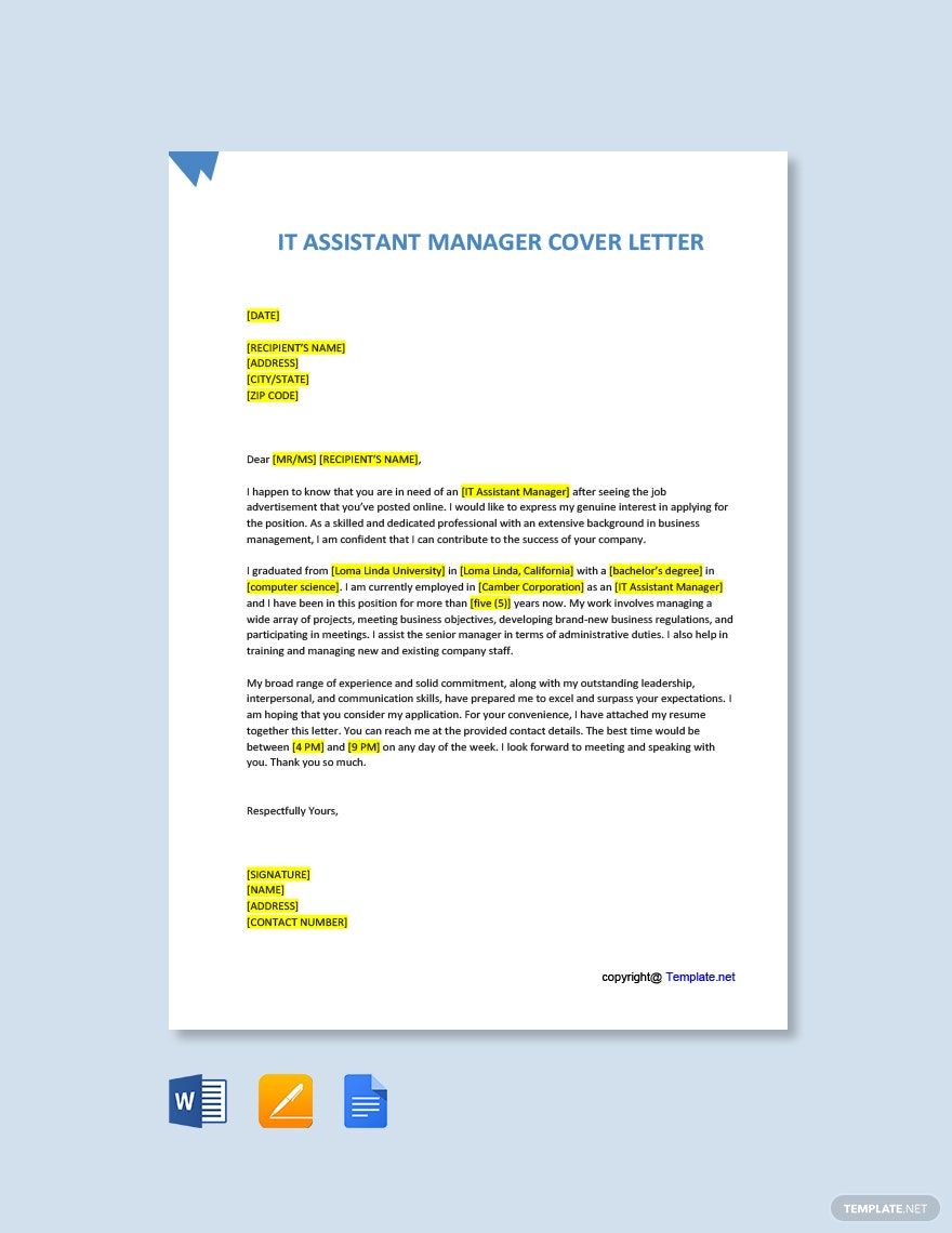 IT Assistant Manager Cover Letter
