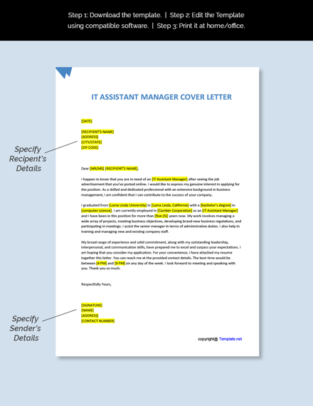 IT Assistant Manager Cover Letter Template