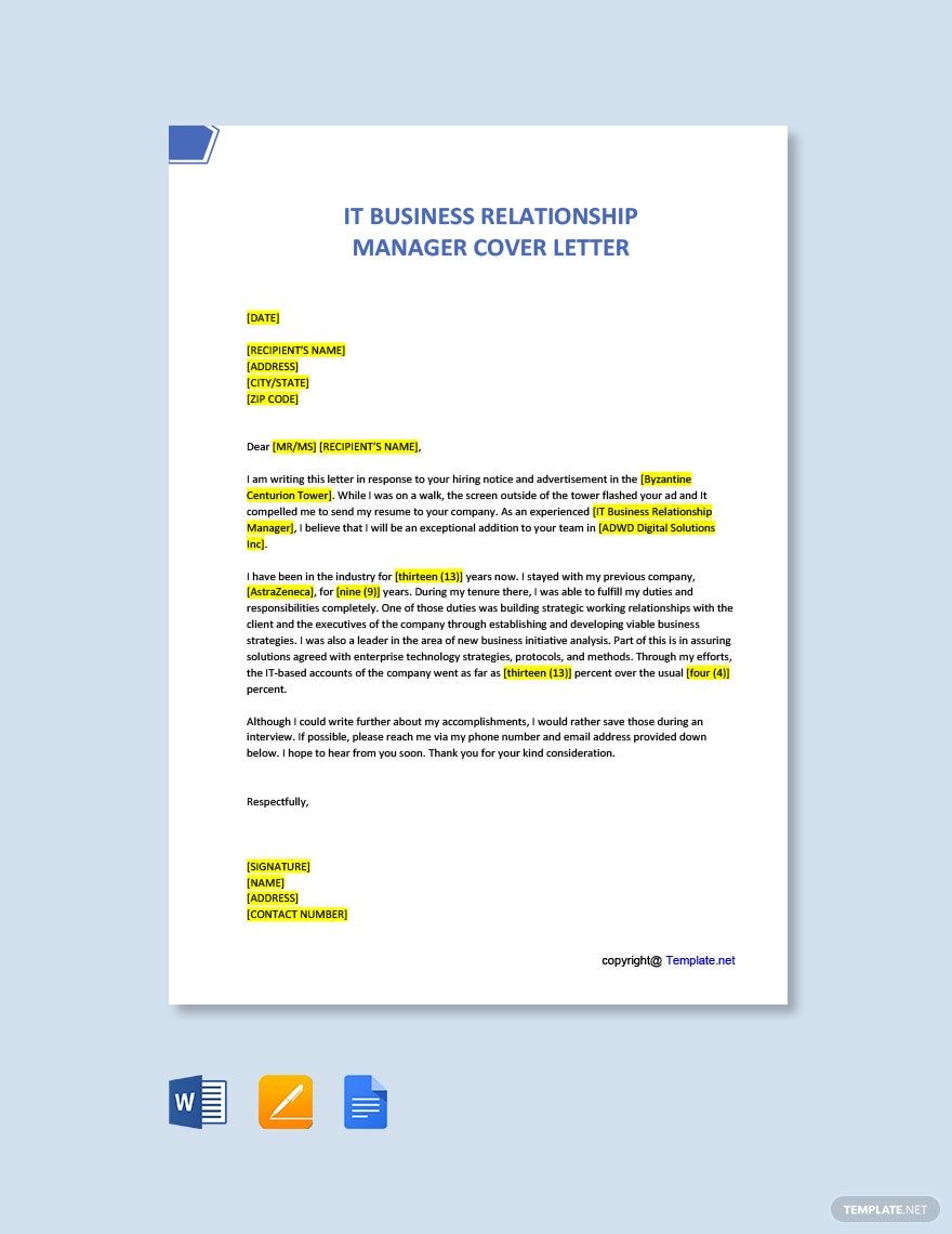 IT Business Relationship Manager Cover Letter in Word, Google Docs, PDF, Apple Pages